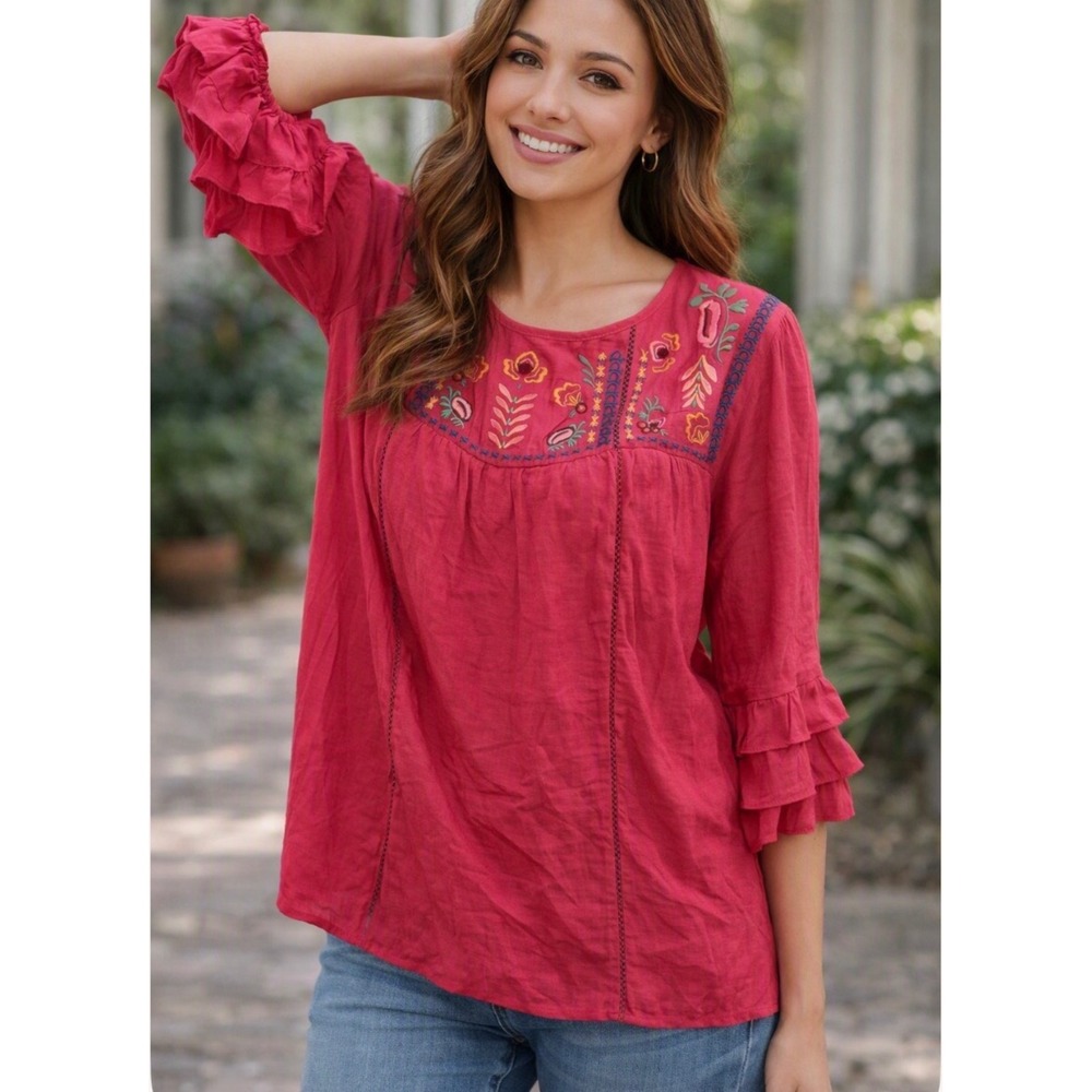 Fig&Fowers Magenta Pink Embroidered Boho Ruffle Sleeve, plus size 1x